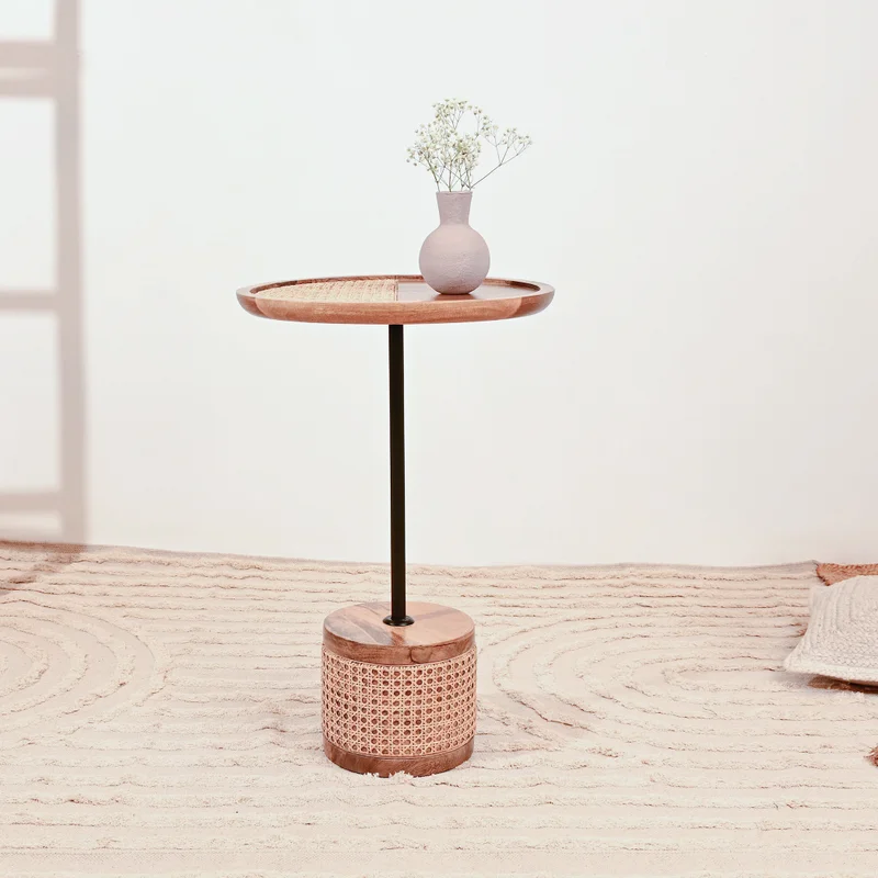Home Carving Side Table with Cane Top for Living Room